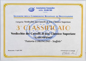 Attestato: Gaiospino classificato terzo alla degustazione del 2006